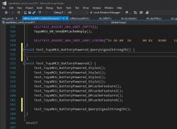 Screenshot showing Visual Studio editor with source code related to testing TuyaMCU.