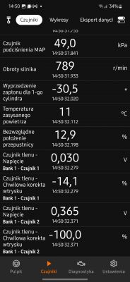 Zrzut ekranu z aplikacji diagnostycznej auta pokazujący różne parametry silnika.