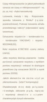 Zdjęcie notatek z pytaniami dotyczącymi elektroniki, w tym czasów mikroprocesorów, lutowania, oznaczeń rezystorów i kondensatorów, oraz charakterystyk diod.