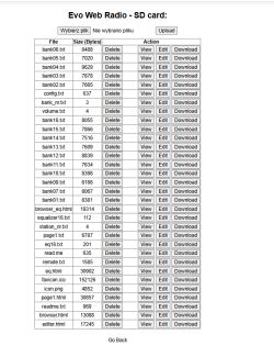 Evo Web Radio SD card file manager interface showing file list and actions