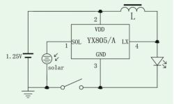 Schemat układu z kontrolerem YX805/A, diodą LED i panelem solarnym