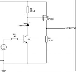 Schemat układu z tranzystorem, rezystorami, diodą Zenera i tranzystorem MOSFET dla wyjścia 24V.
