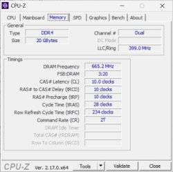 Zrzut ekranu z zakładki Memory programu CPU-Z pokazujący parametry pamięci RAM