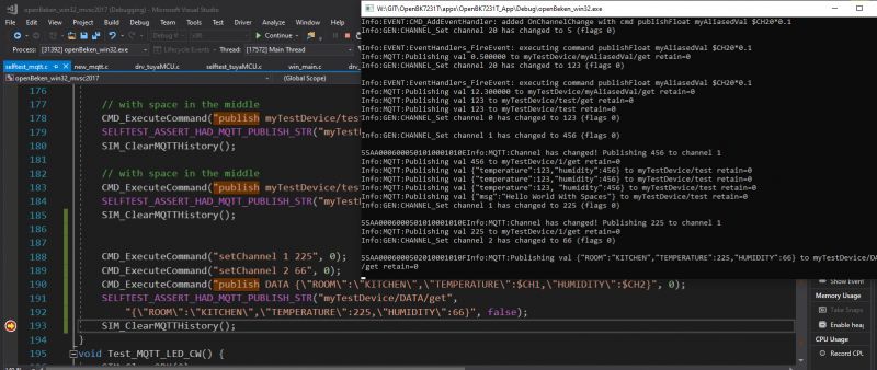 Code snippet in Visual Studio testing JSON and MQTT syntax.