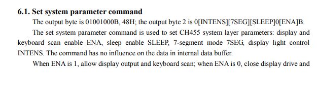Fragment dokumentacji CH455 dotyczący komend systemowych wyświetlacza.