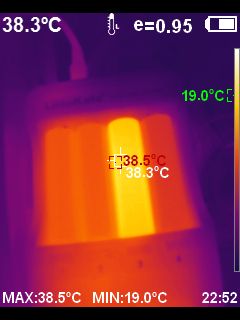 Thermal image showing three cells in a charger, one cell reaching 38.3°C.