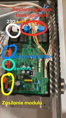 Zdjęcie modułu sterującego piekarnika Samsung z oznaczeniami kolorowymi.