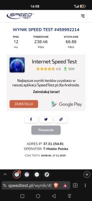 Wynik testu SpeedTest T-Mobile: pobieranie 238,46 Mb/s, wysyłanie 66,86 Mb/s