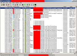 Zrzut ekranu programu Process Monitor pokazujący listę zdarzeń systemowych z detalami dotyczącymi procesów, operacji i wyników.