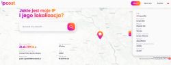 Zrzut ekranu strony internetowej pokazujący adres IP użytkownika, jego lokalizację na mapie oraz szczegółowe dane geograficzne i sieciowe.