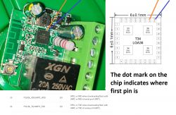 Close-up of a PCB featuring a T34 chip and a connection diagram.