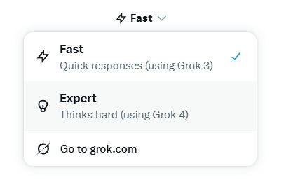 Menu wyboru trybu: Fast (Grok 3) aktywny, Expert (Grok 4) nieaktywny