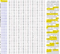 Screenshot from a hex editor showing data in hexadecimal format with addresses and highlighted entries.