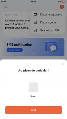 Device Addition Screen in App Screen of an app for adding devices with smart control options
