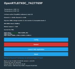 OpenRTL87X0C control panel showing temperatures and MQTT connection status