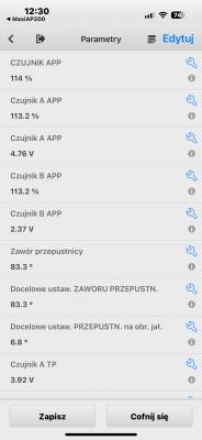 Zrzut ekranu aplikacji diagnostycznej wyświetlającej parametry czujnika pedału gazu.