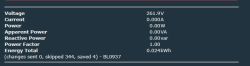 Screenshot of electrical readings showing 261.9 V voltage and 0.024 kWh total energy
