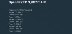 Screenshot displaying measurement data from the OpenBK7231N_0D273A6B module, showing frequency, voltages, currents, and power for different power lines.