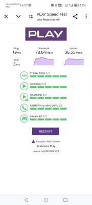 Zrzut ekranu z testu prędkości internetu dla operatora PLAY.