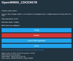 Screenshot of the OpenW800 device control panel displaying technical information and configuration buttons.