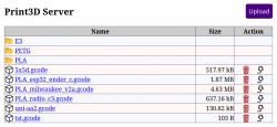 Zrzut ekranu panelu Print3D Server z widoczną listą folderów i plików gcode.