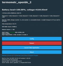 Screenshot of the termometr_openbk_2 interface showing battery settings and connection status.