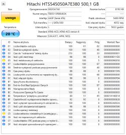 Zrzut ekranu z programu SMART dla dysku Hitachi HTS545050A7E380 o pojemności 500 GB.
