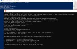Ubuntu configuration in WSL during Windows installation Ubuntu installation screen in PowerShell on Windows with user setup in WSL.