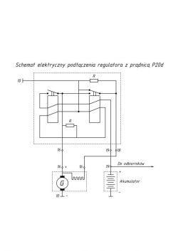 Schemat elektryczny podłączenia regulatora z prądnicą P20d ukazujący połączenia między zaciskami.