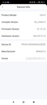 Device information for HA15 model Device info screen showing HA15 model and 12.12.16 firmware version