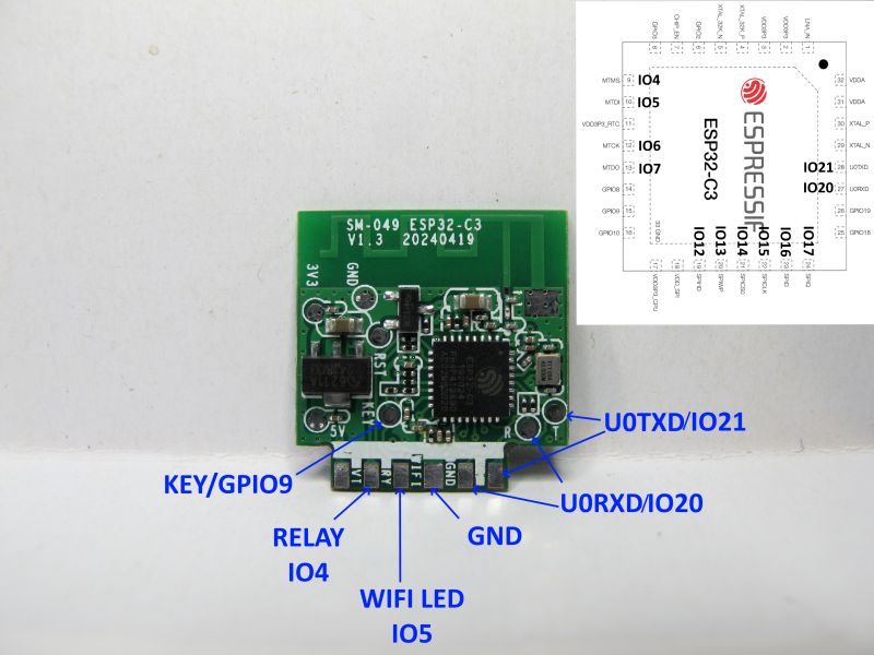 ESP32-C3 SM-049 V1.3 Board with Pinout and Pin Functions ESP32-C3 SM-049 V1.3 board with labeled pins and a pinout diagram in the corner.