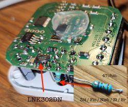 Electronic circuit board with LNK302DN chipset and 47 Ohm resistor.