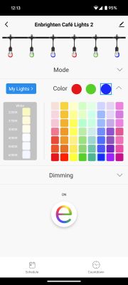 Screenshot of the Enbrighten Café Lights app with color selection for bulbs.