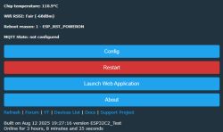 ESP32 web interface showing 110.9°C chip temp and MQTT not configured
