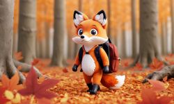 Cute Fox in an Autumn Forest A cute fox with a backpack walking through an autumn forest covered in orange leaves.