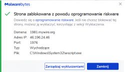 Komunikat Malwarebytes o zablokowaniu strony z powodu oprogramowania riskware.