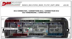 BOSCH EDC17CP45 ECU connector with labeled pins indicating functions and voltages.