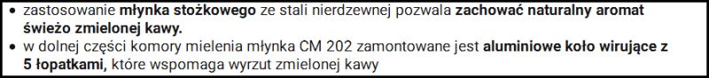Zrzut ekranu tekstu opisującego budowę i działanie młynka do kawy CM 202.