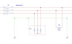 Schemat elektryczny układu sieci IT z transformatorem i lampą zasilaną.