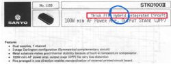Fragment dokumentacji STK0100II z oznaczeniem „Thick Film Hybrid Integrated Circuit”.