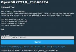 Screenshot of the OpenBK7231N command tool with BMP280 module test results.