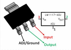 Diagram showing the pins of the LM1117-ADJ voltage regulator.
