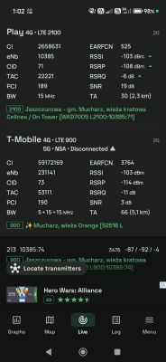 Parametry sygnału LTE: Play 2100 i T‑Mobile 900 Zrzut ekranu z aplikacji pokazującej parametry sieci Play LTE 2100 i T‑Mobile LTE 900 na telefonie