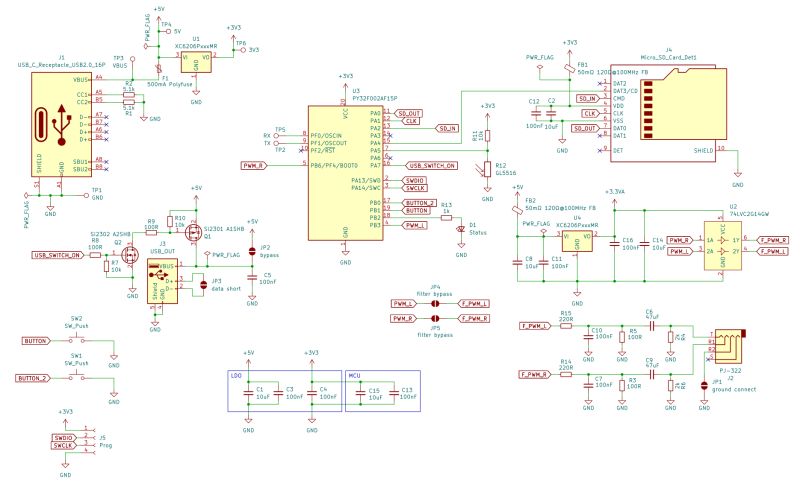 Schematic diagram of a small audio player with PY32F002AF15P microcontroller