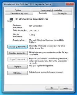Okno właściwości urządzenia IBM DDS Gen5 SCSI Sequential Device.