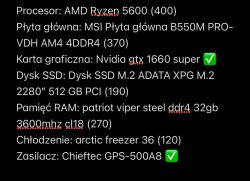 Specyfikacja komputera z elementami: procesor AMD Ryzen 5600, płyta główna MSI B550M PRO-VDH, karta graficzna Nvidia GTX 1660 Super, dysk SSD ADATA XPG M.2, pamięć RAM Patriot Viper Steel DDR4, chłodzenie Arctic Freezer 36, zasilacz Chieftec GPS-500A8.