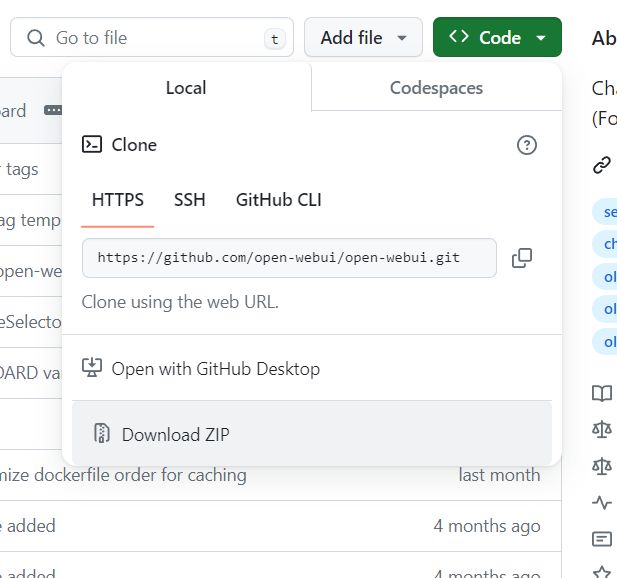 Downloading Open-WebUI from GitHub Screenshot of a GitHub page with download options for the Open-WebUI repository.