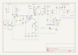Schemat elektroniczny z elementami takimi jak oporniki, kondensatory i tranzystory, stworzony w KiCAD.