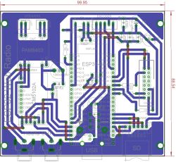 PCB layout view with ESP32, PAM8403, WM5102A components and signal traces