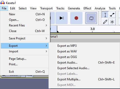 Menu eksportu w programie Audacity